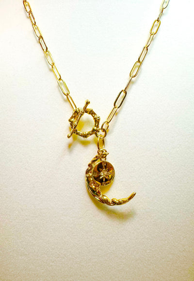 Sullivan Paperclip Toggle Necklace with Moon & Compass Charm