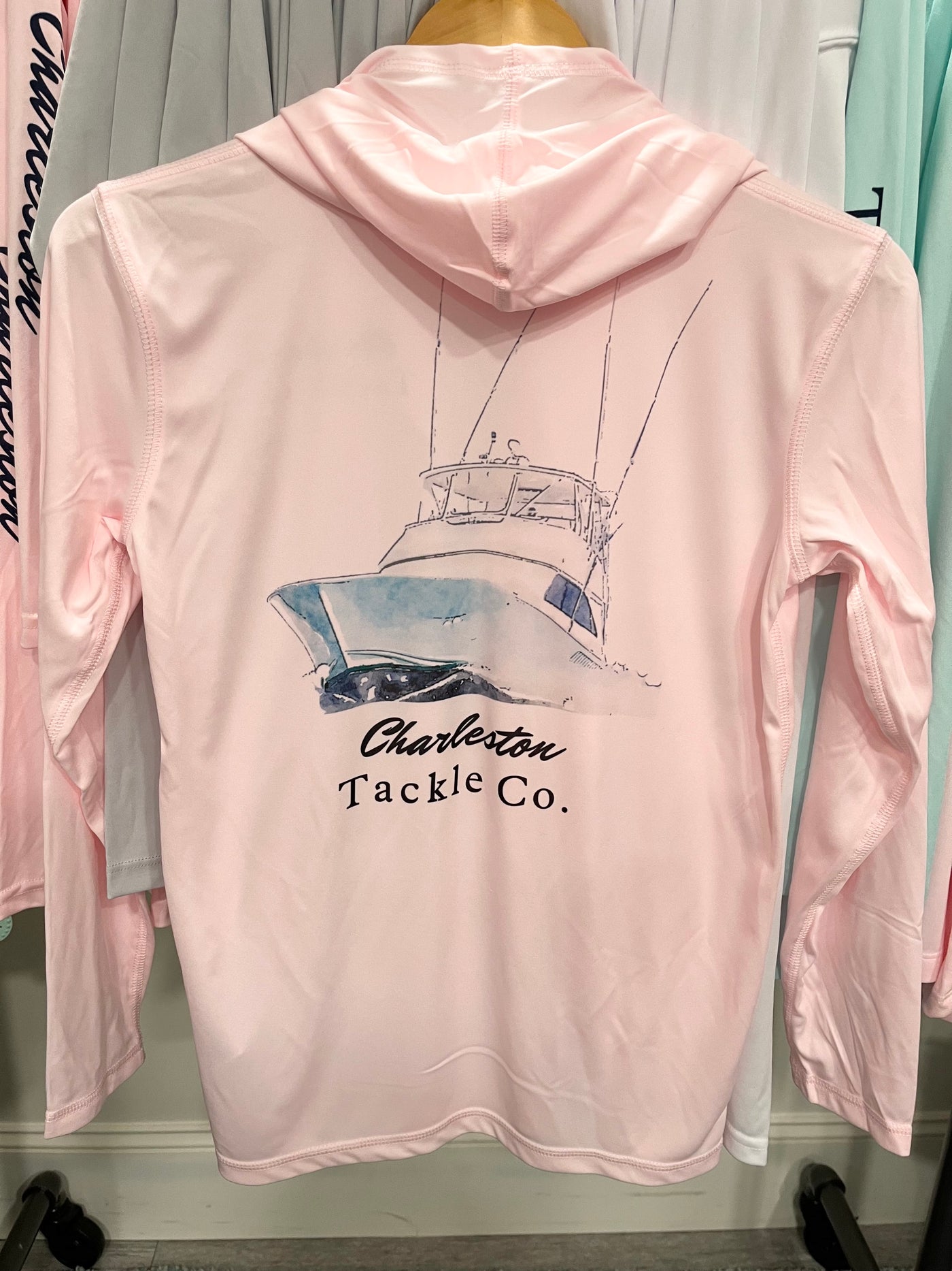 Charleston Tackle Co VIKING Hoodie Long Sleeve PFG Fishing Shirt- Youth-  Pink and Pearl Grey
