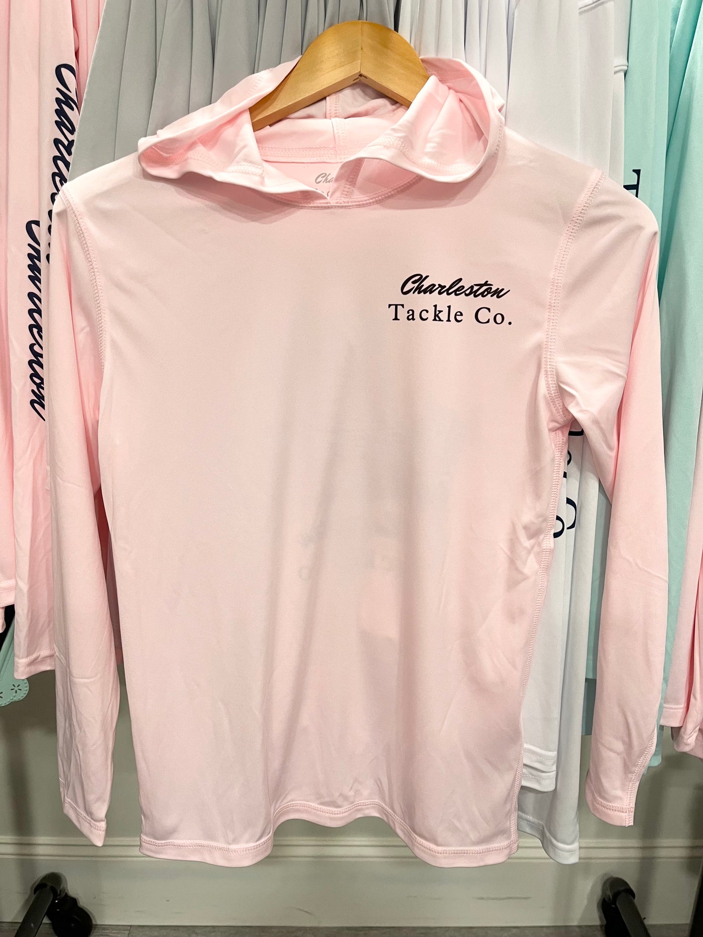 Charleston Tackle Co VIKING Hoodie Long Sleeve PFG Fishing Shirt- Youth-  Pink and Pearl Grey