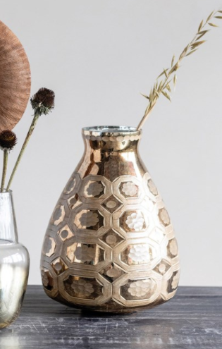 Etched Mercury Glass Vase, Gold Finish