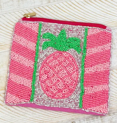 Pineapple Beaded Zip Pouch, Black or Pink