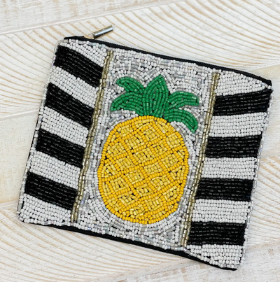 Pineapple Beaded Zip Pouch, Black or Pink