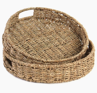 Set of 2 Handwoven Seagrass Serving Basket Trays