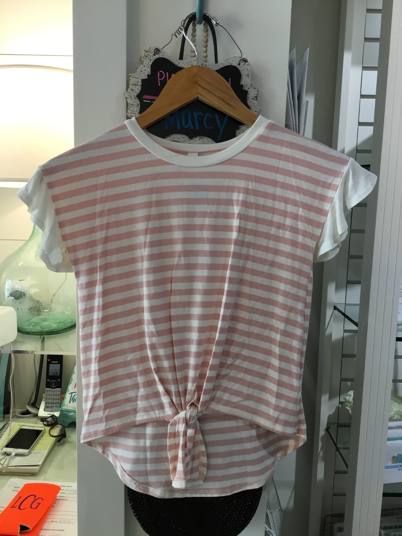 Striped Short Sleeve Top With Ruffle Sleeves - Blush Pink